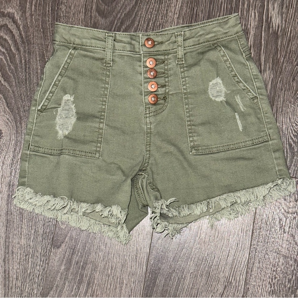 *3 for $15* NOBO Olive Green Distressed High Rise Button Fly Denim Shorts‎ S 1